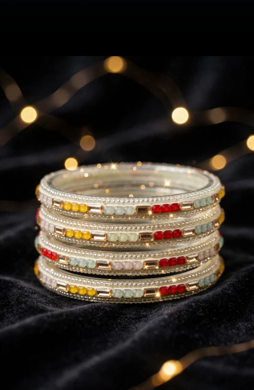 White Multicolor Stone Bangles Set of 4