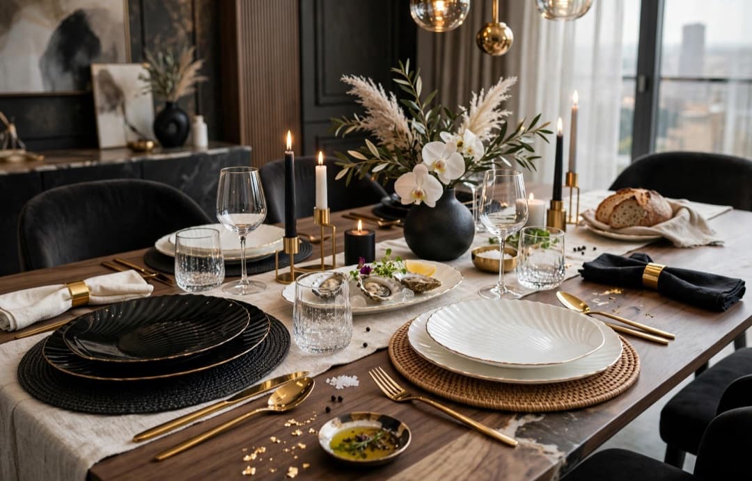Gold-Rimmed Shell Plates — Black